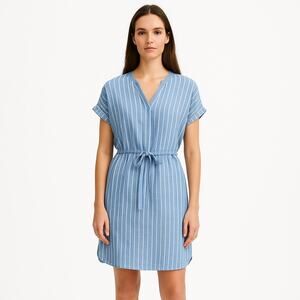 Rails Blue Emma St. Germain Linen V-neck Striped Drawstring Short Sleeve Dress S